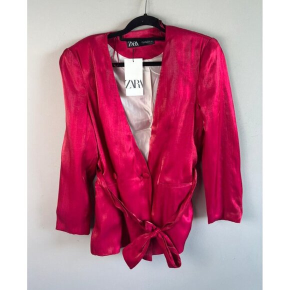 ZARA Womens Blazer Hot Pink Fuchsia Satin Belted Tie Double Breasted Size L - Picture 2 of 11
